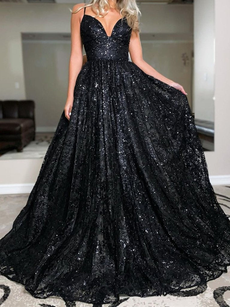 Sweetheart Spaghetti Straps Sequins Ball Gown Black Sparkly Prom Dress